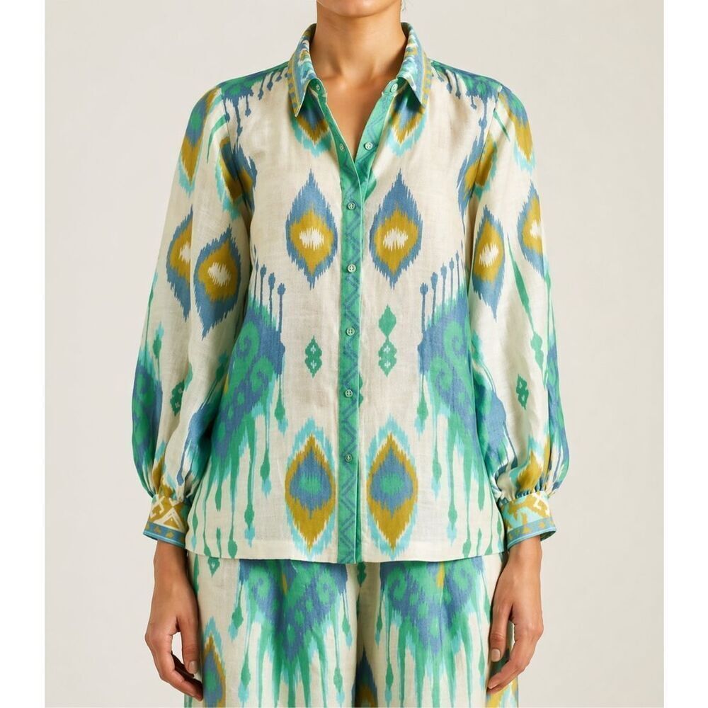NWOT Ranna Gill Lydia linen button down ikat shirt, XS $238 C2
